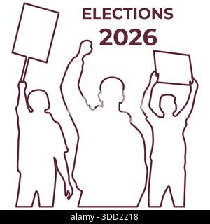 Elections 2026 outline of three people with signs raised, expressing public demonstration concept vector Stock Vector