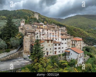 Aerial view of Castel San Angelo, small charming medieval hilltop village with ruined castle in Lazio region Italy Stock Photo