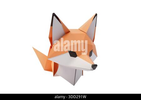 3d rendering of a low poly fox head featuring geometric shapes in a papercraft style, isolated on a white background. Stock Photo
