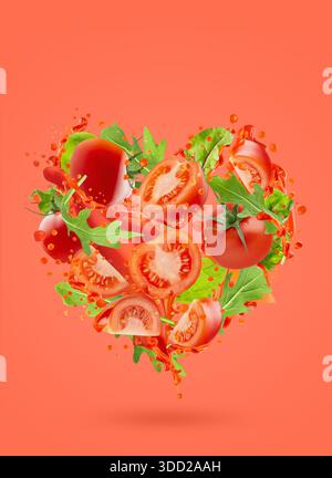 Fresh vegetable heart background. Red tomato juice, green vegetables in juice splashes fly as heart shape, red background. For summer detox menu, vita Stock Photo