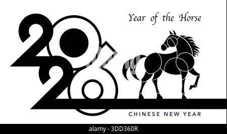 Year of the horse 2026 banner card. Horse shape with asian patterns in