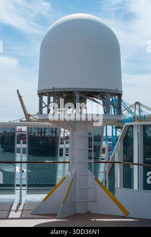 Marine radar radome on cruise ship deck Stock Photo