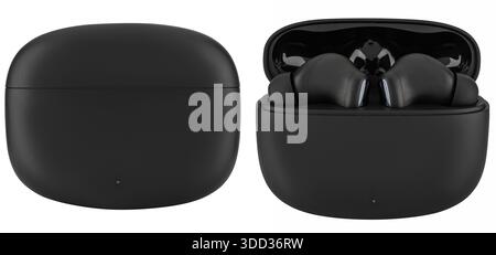 Wireless earbuds with ergonomic ear tips in a stylish black case with a charge indicator. On a white background in isolation Stock Photo