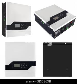 Modern hybrid inverter for solar panels with LCD display and control buttons. On a white background in insulation Stock Photo
