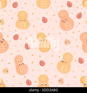 Cute peanuts seamless pattern. Peanut in shell and beans. Funny snacks characters. Cartoon print template for fabric design, nowaday vector background Stock Vector