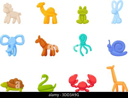 Bubbles animals. Cartoon air balloon animal for circus, fair market, birthday party. Kids festival toys, carnival accessories. Frog octopus crab Stock Vector