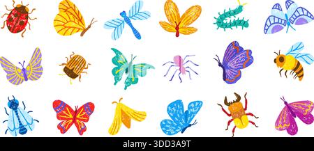 Chalk drawing insects. Children style drawn butterfly, bug, bee, ladybug and dragonfly. Colored pencil or crayon sketch insect, seasonal characters Stock Vector