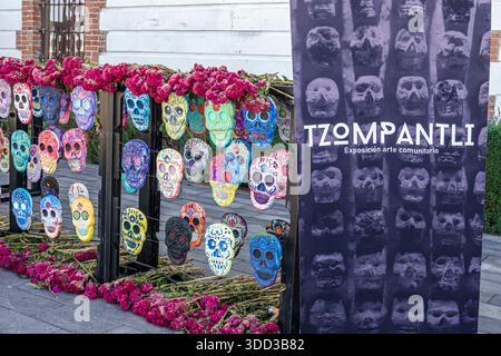 Puebla Mexico,San Pedro Cholula,Regional Museum of Cholula,Museo Regional de Cholula archaeological, Tzompantli skull altar exhibition,community art i Stock Photo