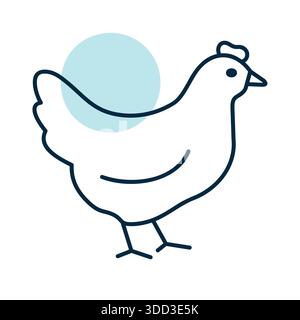 Minimalistic, full body flat line art illustration of a white hen or chicken. Ideal for farm, poultry, food, and agricultural designs. Stock Vector