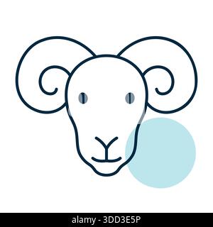 Minimalistic flat line art illustration of a ram or sheep head with large coiled horns. Ideal for mascot, farm, or zodiac designs. Stock Vector