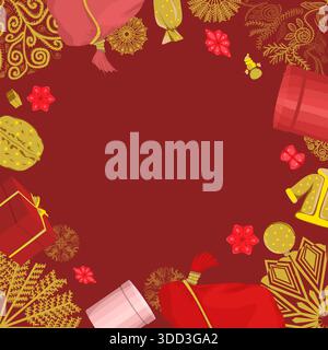 Square frame with Christmas and New Year elements in red and gold tones. On a burgundy background Stock Vector