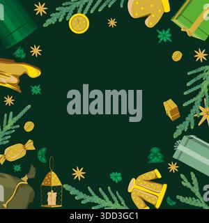 Square frame with Christmas and New Year elements in green tones on a green background Stock Vector