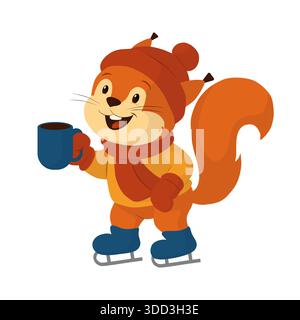 A cute squirrel wearing a red scarf and ice skates holding a mug of hot drink. Illustration in a flat vector style. Stock Vector