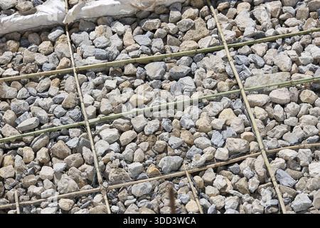 Construction site gravel foundation reinforced with steel mesh grid for concrete pouring showing industrial strength and durability Stock Photo