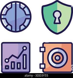 A four panel grid showing technology themed icons including shield analytics safe and control dial. Stock Vector