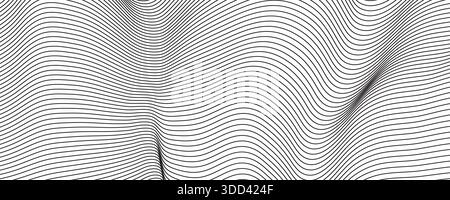 Abstract black and white topographic line pattern background with wavy distorted stripes. Vector illustration Stock Vector