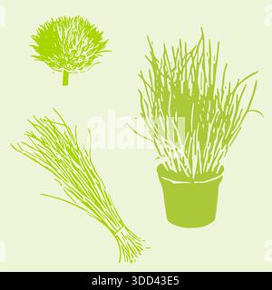 Retro styled chives on a green background, vector illustration Stock Vector