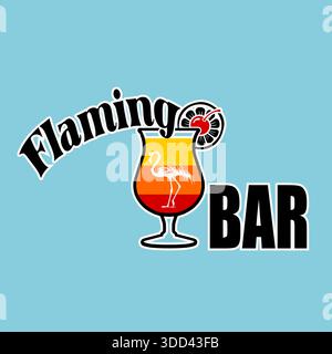 Flamingo bar logo design with a cocktail silhouette on a blue background, vector illustration Stock Vector
