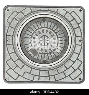 Circular metal manhole cover centered in a square frame on transparent background Stock Photo