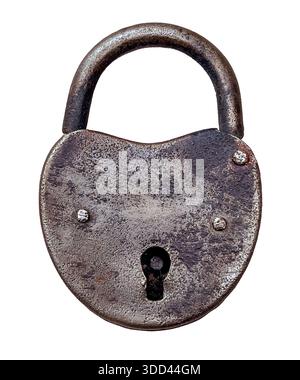 Old, antique, and rusty heart shape metal padlock with a keyhole, on a transparent background Stock Photo