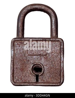 Old rusty metal padlock presenting security and vintage closed concept with transparent background Stock Photo