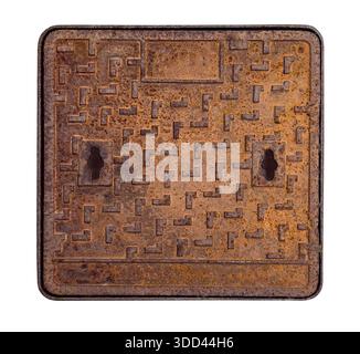 Rusty square cast iron manhole cover with textured surface, isolated on a transparent background Stock Photo