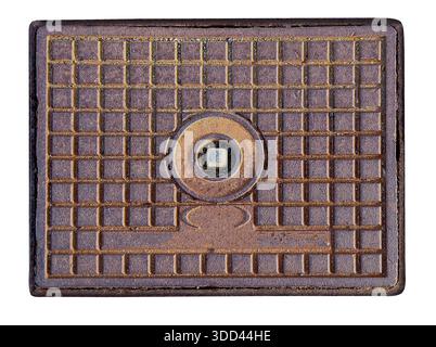 Rusty cast iron rectangular manhole cover with a square grid and central ring, isolated on transparent background Stock Photo