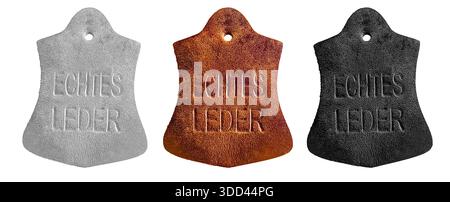 Three genuine leather texture tags labeled echtes leder on a transparent background Stock Photo