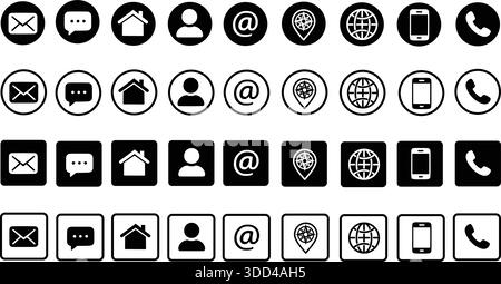 Contact Icons Set Vector EPS. Circle Square Styles: Mail, Chat, Home, User, Email, Location, Globe, Mobile, Phone Symbols Line Art. Stock Vector