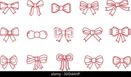 Red Ribbon Bow Line Icons Set. Decorative Gift Bows Collection for Holidays, Packaging and Greeting Card Design Vector EPS. Stock Vector