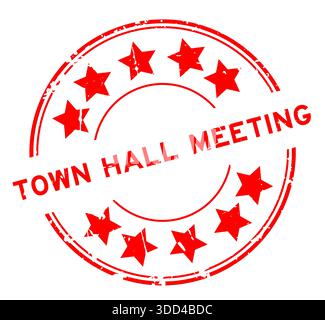 Grunge red town hall meeting word with star icon round rubber seal stamp on white background Stock Vector