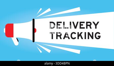 Color megaphone icon with word delivery tracking in white banner on blue background Stock Vector