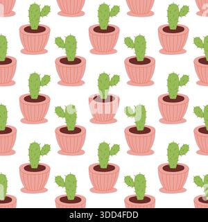 Cute Seamless Cactus Pattern in Pots Hand Drawn Illustration Stock Vector