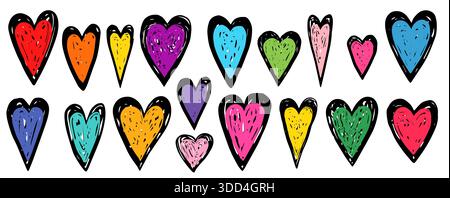 Cute colorful vector doodle heart shapes with black outlines, empty labels, tags set for kids designs Stock Vector