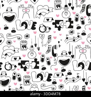 Valentine Seamless Pattern. Black Romantic Doodle Hearts, Love Symbols and Notes, Wedding Rings on White Background. Repeating holiday Template Stock Vector