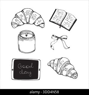 Hand drawn vector set of croissant, candle, pad, book. Cute vibe  Stock Vector