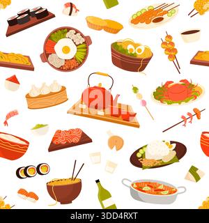 Colorful seamless pattern featuring various Asian food dishes, sushi, noodles, dumplings, and tea on a white background, ideal for culinary projects and decor, isolated on white background vector illustration Stock Vector