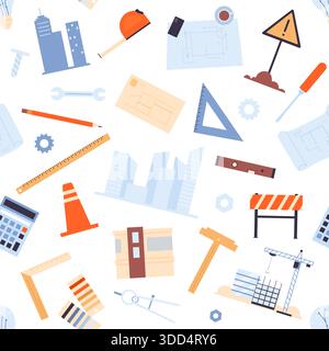 Construction tools, blueprints, buildings, and architectural elements arranged in a seamless pattern for design, engineering, and architecture themes isolated on white background vector illustration Stock Vector