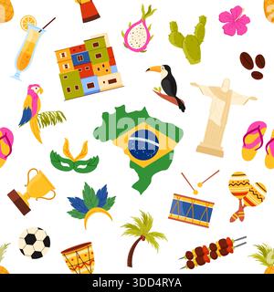 Brazilian themed seamless pattern featuring national symbols, food, carnival elements, tropical birds, and famous landmarks isolated on white background vector illustration Stock Vector