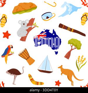 Australian culture and nature seamless pattern featuring koala, kangaroo, map, boomerang, and native elements, isolated on white background vector illustration Stock Vector