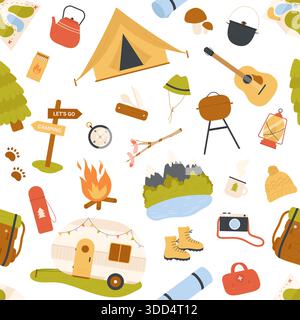 Seamless camping pattern featuring tents, campfire, backpack, boots, map, guitar, and nature icons, ideal for adventure and travel themes, isolated on white background vector illustration Stock Vector