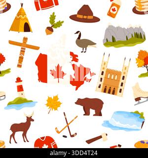 Canadian themed seamless pattern featuring map, maple leaf, wildlife, hockey, nature, and cultural symbols, ideal for backgrounds and decor, isolated on white background vector illustration Stock Vector