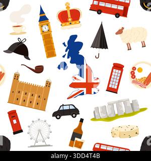 British culture icons including Big Ben, crown, double-decker bus, map, and traditional foods arranged in a seamless repeating pattern for UK themed projects vector illustration Stock Vector