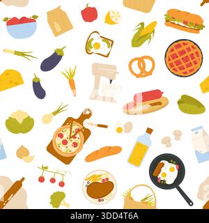 Seamless pattern featuring various cooking ingredients, kitchen utensils, vegetables, bread, cheese, and prepared meals, isolated on white background vector illustration Stock Vector