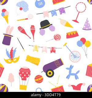 Colorful circus themed seamless pattern featuring hats, balloons, popcorn, tickets, clown wigs, drums, and juggling clubs for playful backgrounds and party decor vector illustration Stock Vector