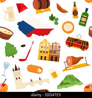 Traditional Czech symbols, food, drinks, landmarks, and cultural icons arranged in a seamless pattern, ideal for travel and heritage themes, isolated on white background vector illustration Stock Vector