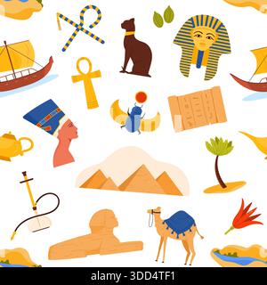 Egyptian culture icons including pyramids, pharaoh mask, sphinx, scarab, ankh, and boats arranged in a seamless repeating pattern, isolated on white background vector illustration Stock Vector