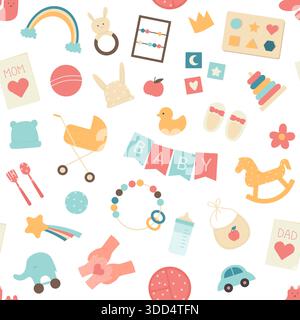 Cute seamless pattern featuring baby toys, family symbols, and nursery essentials in pastel colors, ideal for children products and parenting themes, isolated on white background vector illustration Stock Vector