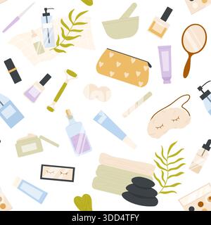 Natural skincare and beauty products, accessories, and eco-friendly personal care items arranged in a seamless repeating pattern, isolated on white background vector illustration Stock Vector