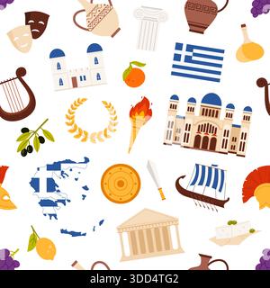 Traditional Greek symbols, architecture, food, and historical elements arranged in a seamless pattern for cultural and educational projects, isolated on white background vector illustration Stock Vector